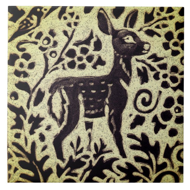 Azulejo Deer Fawn Gray Green Stoneware Foliage Woodland (Frente)