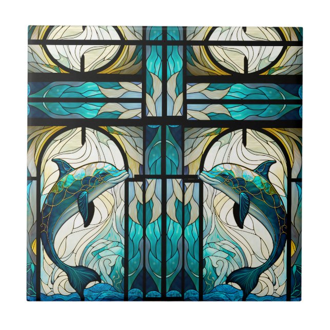 Azulejo Delfín blanco azul verde azulado Faux Mosaic Vidri (Frente)