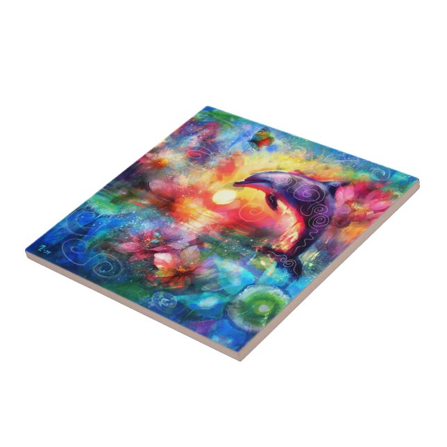 Azulejo Delfín caprichoso Costero Nautical Floral Verde az (Lado)