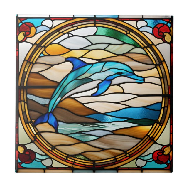 Azulejo Delfín de Vidrio Falso Teñido (Frente)
