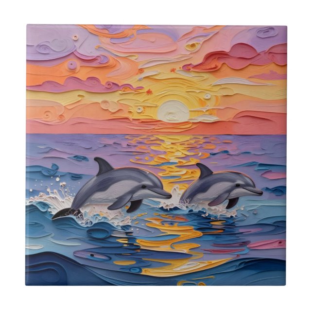 Azulejo Delfines Impasto y olas del océano   (Frente)