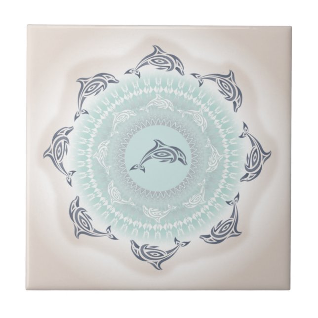 Azulejo Delfines Mandala Azul Pálido Taupe (Frente)