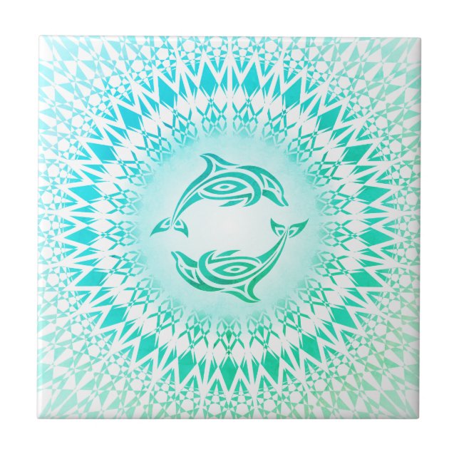 Azulejo Delfines Mandala Blanco verde turquesa (Frente)