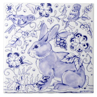 Azulejo Delft Blue Bunny Rabbit Bird Dedham Elegant Rustic