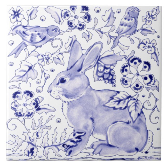 Azulejo Delft Blue Bunny Rabbit Bird Dedham Elegant Rustic (Frente)