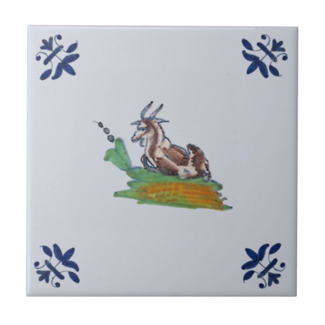 Azulejo Delft Farm Animal Goat Blue Multi Repro c 1650 (Frente)