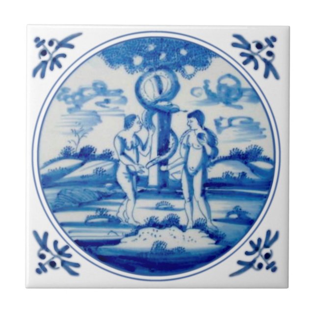 Azulejo Delft Génesis Bíblica Adam & Eve Repro alrededor d (Frente)
