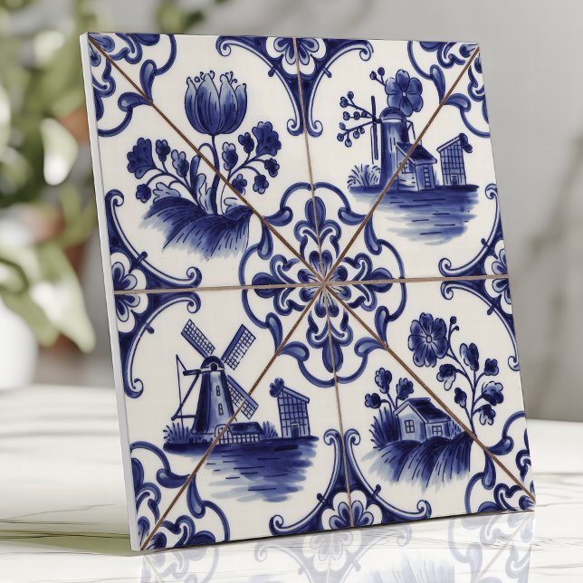 Azulejo Delftware Azul Floral y Molino de Viento Tradicion (Subido por el creador)