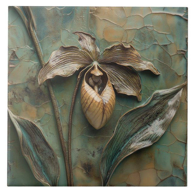 Azulejo Delicada Orquídea Lady Slipper Flor Faux Relief (Frente)