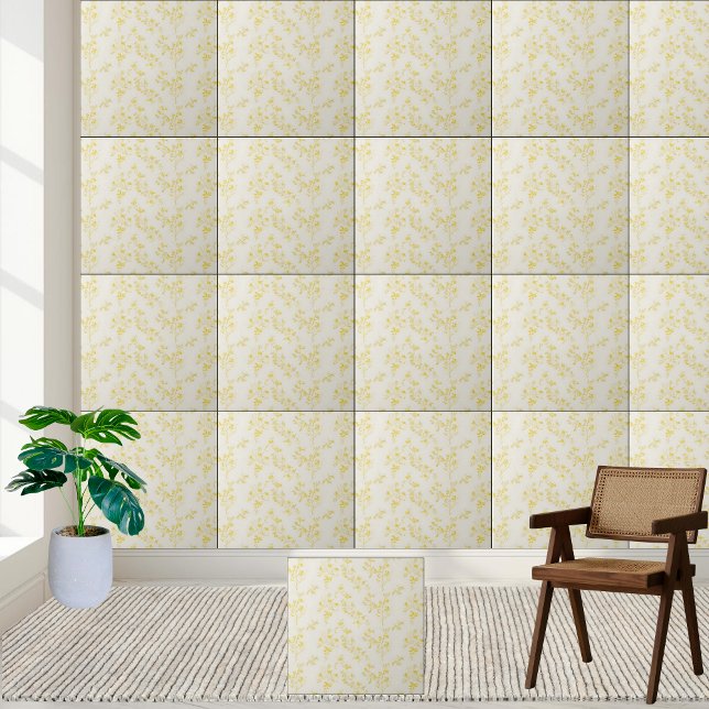 Azulejo Delicado Patrón floral de Forsythia amarillo (Delicate Yellow Forsythia Floral Pattern Ceramic Tile)