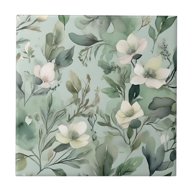 Azulejo Delicado Patrón floral verde sabio (Frente)