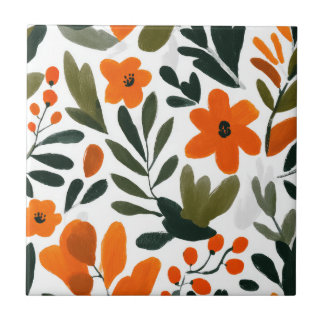 Azulejo Delicate Orange Flowers Spring Floral Pattern