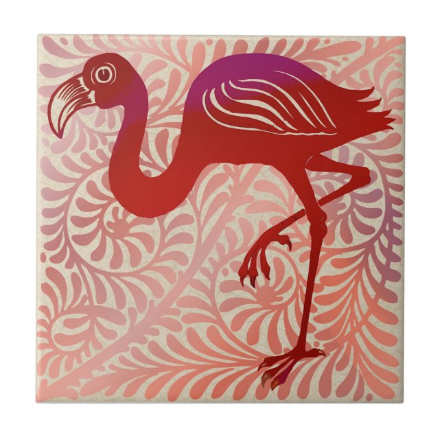 Azulejo DeMorgan Ruby Luster Bird Flamingo 1880 Repro (Frente)