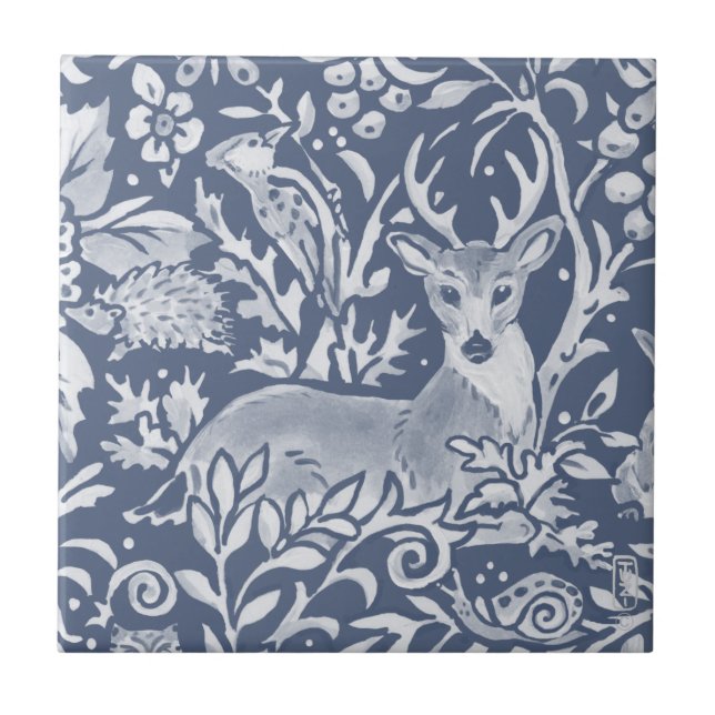 Azulejo Denim Blue Deer Woodland Forest Animal Ornate  (Frente)