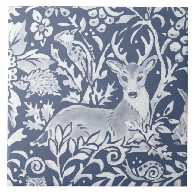 Azulejo Denim Blue MURAL Woodland Animal Deer arriba a la  (Frente)