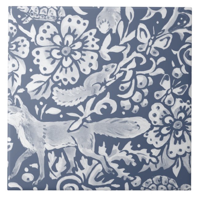Azulejo Denim Blue MURAL Woodland Animal Fox abajo a la de (Frente)