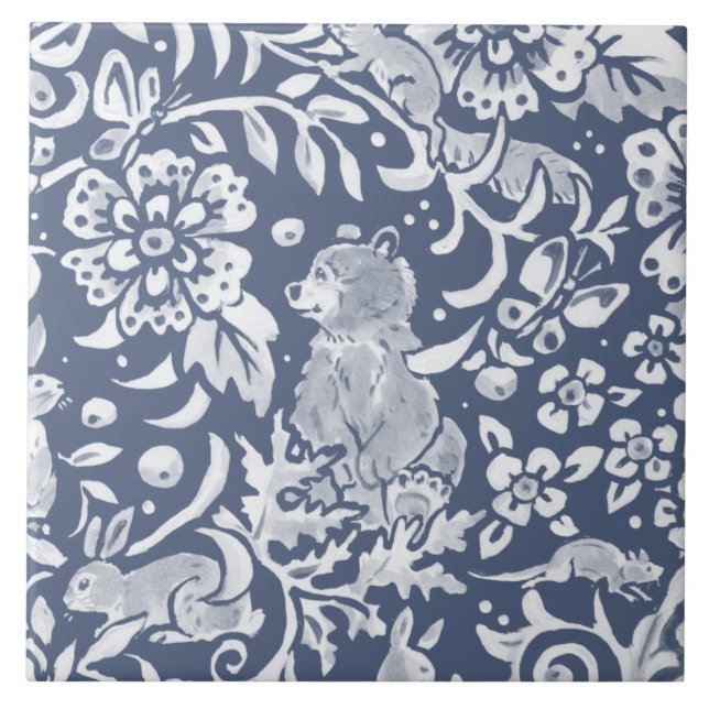 Azulejo Denim Blue MURAL Woodland Bear Cerámica superior d (Frente)