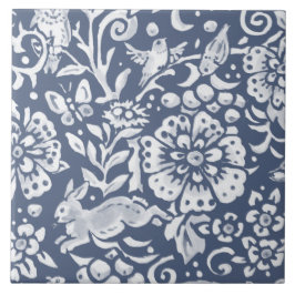 Azulejo Denim Blue MURAL Woodland Conejo abajo a la izquie