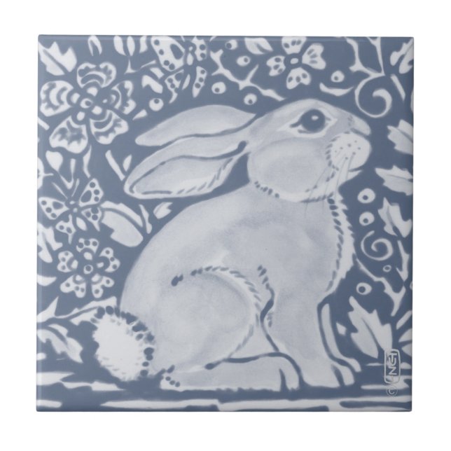 Azulejo Denim Blue Plump Conejo Conejo Floral Dedham Delft (Frente)