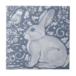 Azulejo Denim Blue Rabbit Bird Floral Dedham Delft