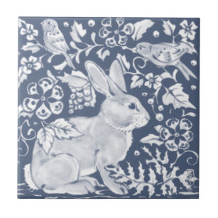 Azulejo Denim Blue Rabbit Bunny Birds Floral Dedham Delft