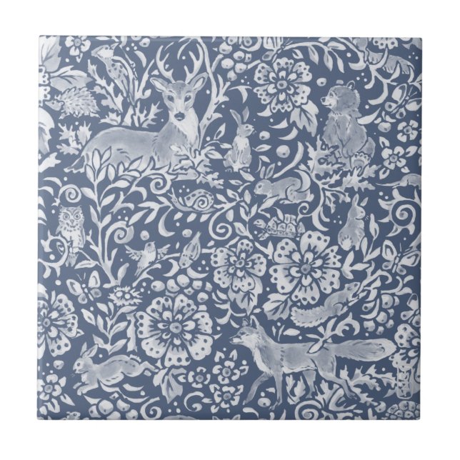 Azulejo Denim Blue Woodland Animal Forest Deer Rabbit (Frente)
