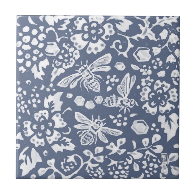 Azulejo Denim De Delft De Floral Bee Blue White Botanical (Frente)