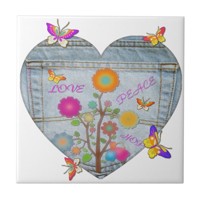 Azulejo Denim Pocket Heart Flowers Butterflies (Frente)