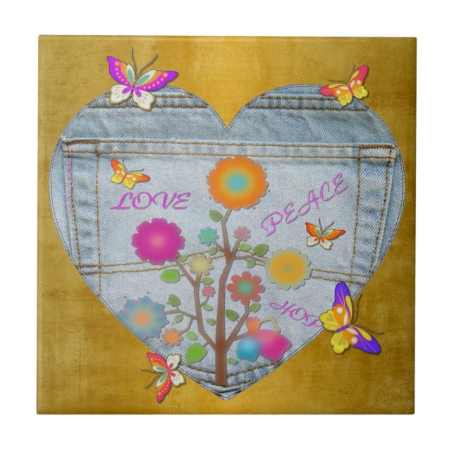 Azulejo Denim Pocket Heart Flowers Butterflies on Gold (Frente)