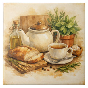Azulejo Desayuno Mediterráneo Acuarela Rústica