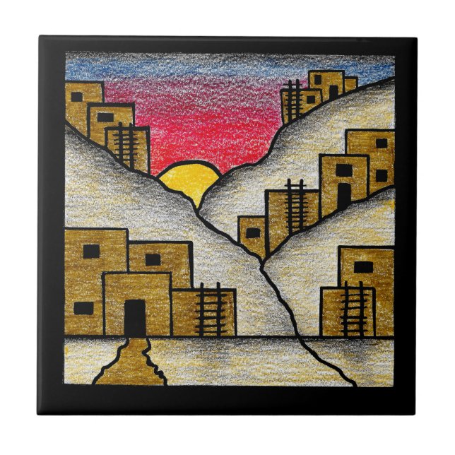 Azulejo Desert Southwest Adobe Village Folk Art (Frente)