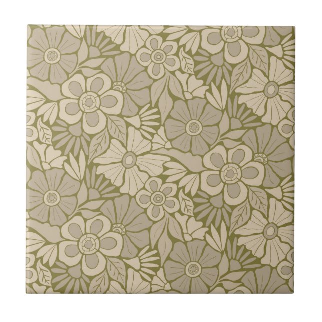 Azulejo Desfile de flores retro florecen verdes (Frente)