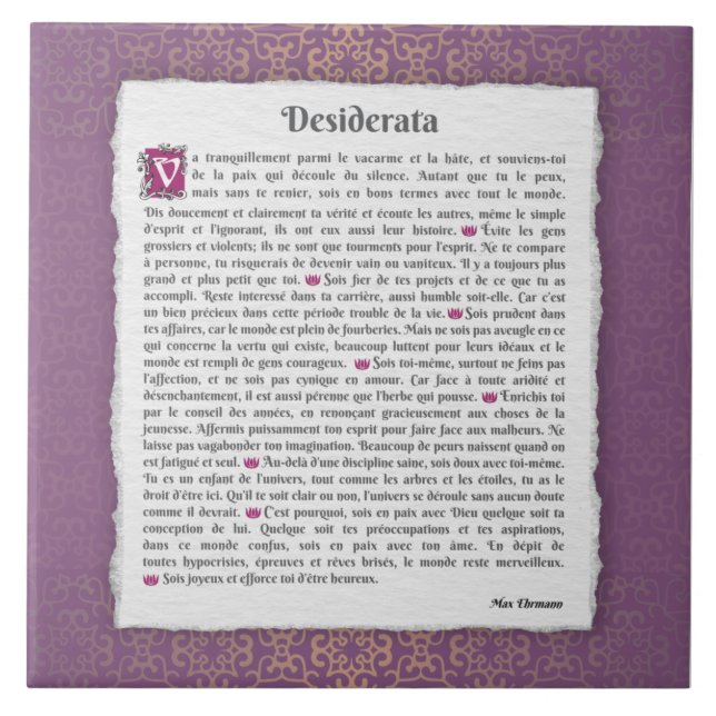 Azulejo Desiderata - Choses désirées - poème (Frente)