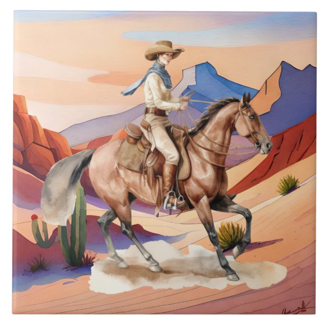 Azulejo desierto adorable de cowgirl occidental (Frente)