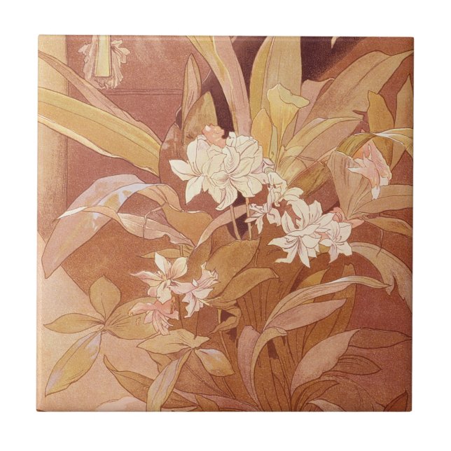 Azulejo Detalle floral de Alphonse Mucha Art Nouveau (Frente)