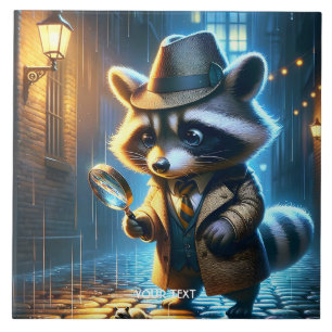 Azulejo Detective Mapache Nocturno Fantasía Lindo