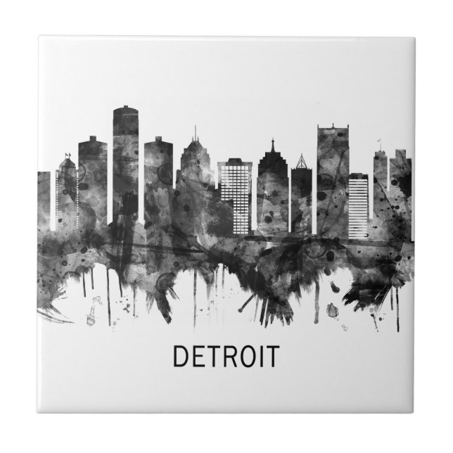 Azulejo Detroit Michigan Skyline BW (Frente)