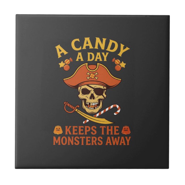 Azulejo Día de Dulces Pirata de Halloween Calavera Bastón (Frente)