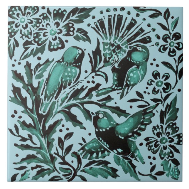 Azulejo Día de la Madre Verde azulados pájaros de compras  (Frente)