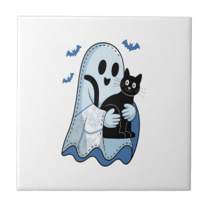 Azulejo Día de las Brujas Fantasma y Gato de Mezclilla Azu