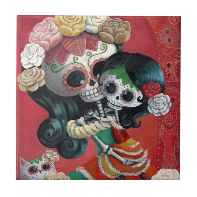 Azulejo Dia de Los Muertos esqueletos madre e hija (Frente)