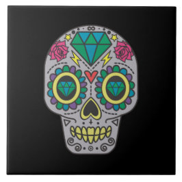 Azulejo Día de los Rosas muertos y crystal Skull en negro