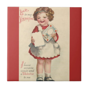 Azulejo Día de San Valentín antiguo y lindo, niña con cart