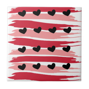 Azulejo Día de San Valentín Corazones Negros Rayas Rosadas