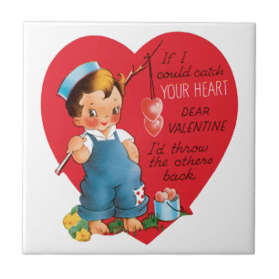 Azulejo Día de San Valentín Retro, Niño Antiguo Pescando C
