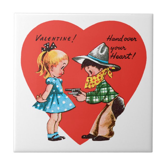 Azulejo Día de San Valentín Retro, Vaquero Antiguo con Chi (Frente)