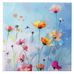 Azulejo Día de verano perfecto, cielo soleado y flores flo