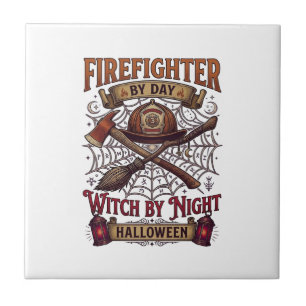 Azulejo Día del Bombero Bruja Noche Halloween Casco Hacha 
