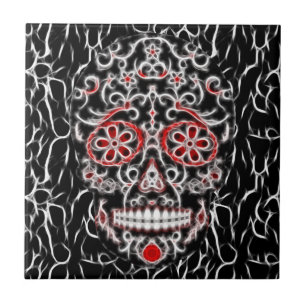 Azulejo Día del cráneo muerto del azúcar - negro, blanc