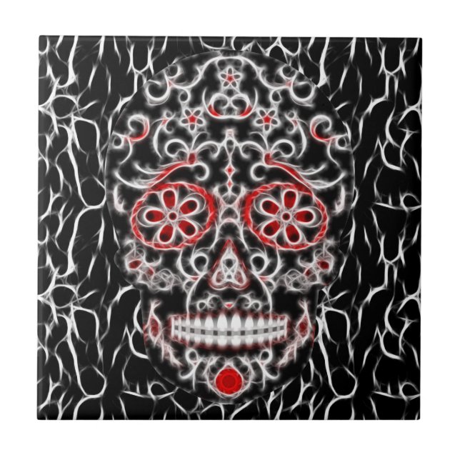 Azulejo Día del cráneo muerto del azúcar - negro, blanco y (Frente)
